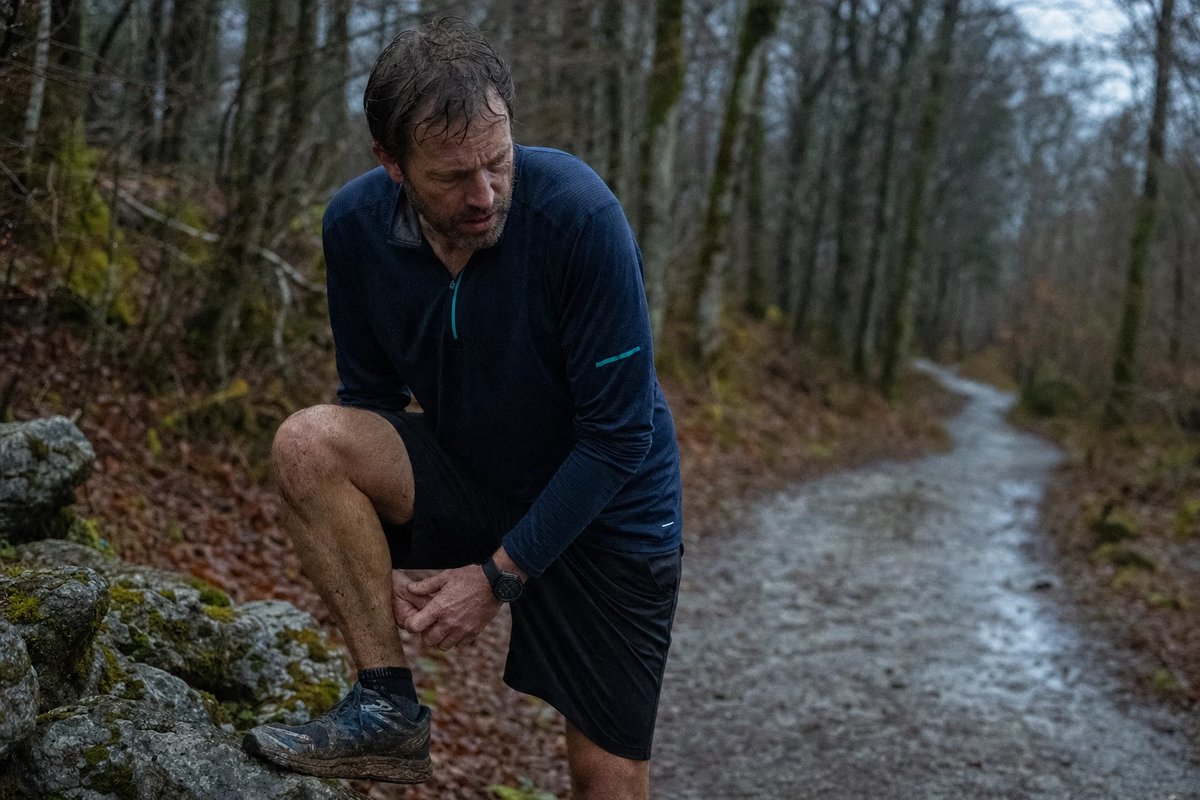 Läufer hält am Rand eines nassen Waldwegs inne und greift sich mit schmerzverzerrtem Gesicht ans Knie, ein Fuß auf einem niedrigen Stein, im flachen bedeckten Licht