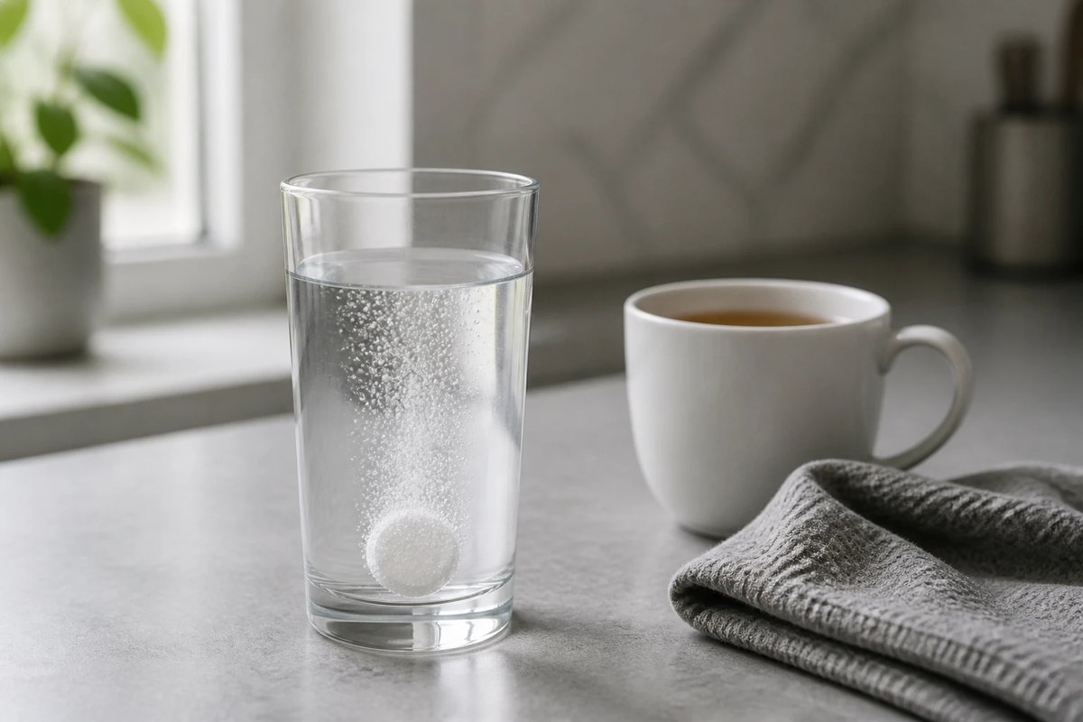 Eine runde weiße Brausetablette ohne Aufdruck löst sich in einem schlichten Glas Wasser auf, daneben eine weiße Teetasse und ein gefaltetes graues Handtuch auf einer hellgrauen Küchenarbeitsplatte