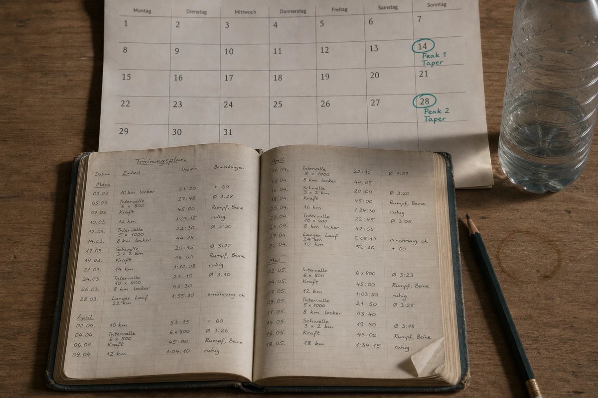 Trainingstagebuch auf einem Holztisch vor einem Wandkalender, auf dem zwei Renntage mehrere Monate auseinander eingekreist sind, mit handschriftlichen Notizen Peak 1 und Peak 2