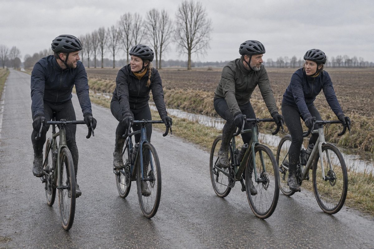 Vier Rennradfahrerinnen und Rennradfahrer in Winterjacken und mit Helm fahren entspannt nebeneinander auf einer nassen Landstraße zwischen kahlen Feldern und Pappeln und unterhalten sich