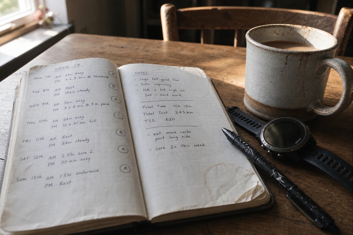 Ein offenes Papier-Trainingstagebuch auf einem Küchentisch mit handschriftlichen Wocheneinträgen und kleinen Zyklusmarkierungen, daneben eine GPS-Uhr und eine Tasse Tee