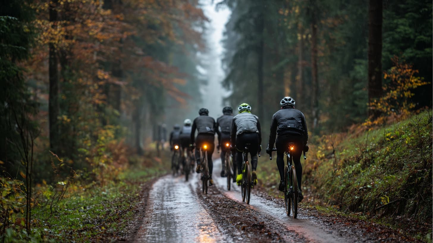 Gravel-Gruppe auf nasser Waldpiste im Herbst