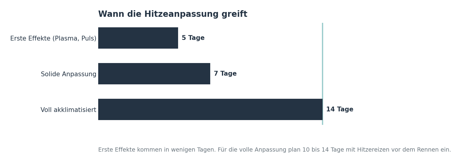 Wann die Hitzeanpassung greift: erste Effekte nach 5 Tagen, solide nach 7, voll akklimatisiert nach 14 Tagen